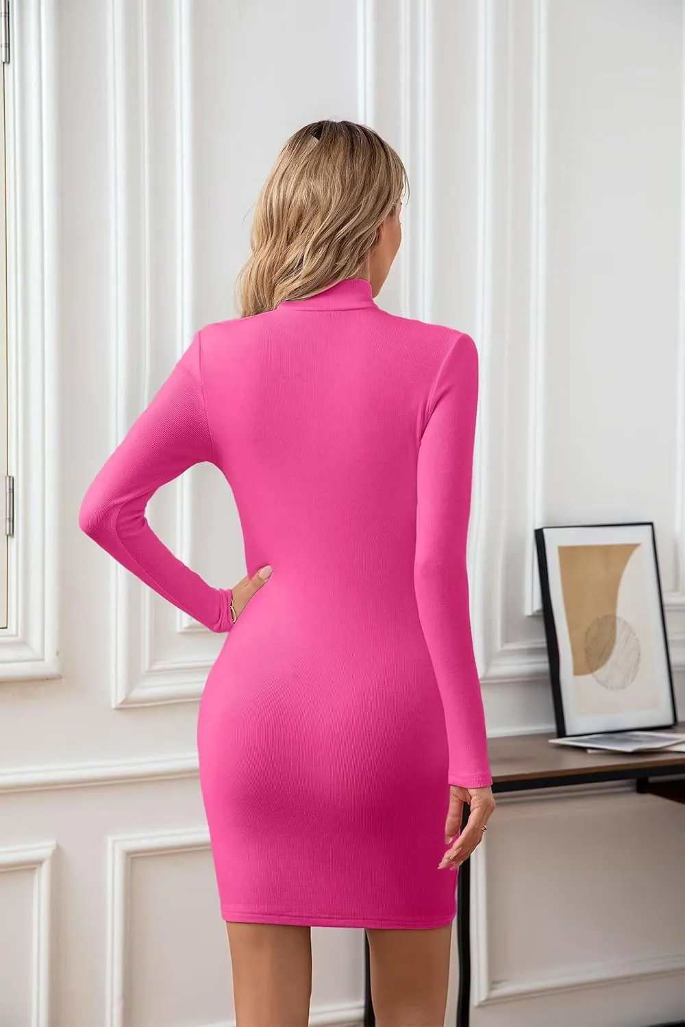 VICHYIE Women Mock Neck Ribbed Bodycon Dress Long Sleeve Mini Pencil Dresses
