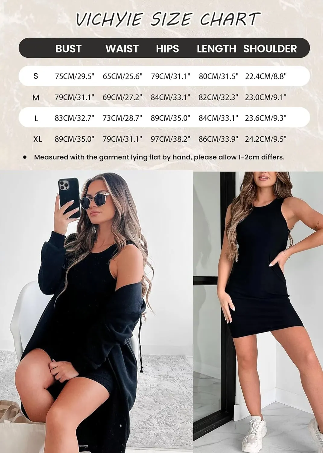 VICHYIE Womens Summer Tank Dress Scoop Neck Ribbed Sleeveless Bodycon Mini Slim Fitted Pencil Dresses