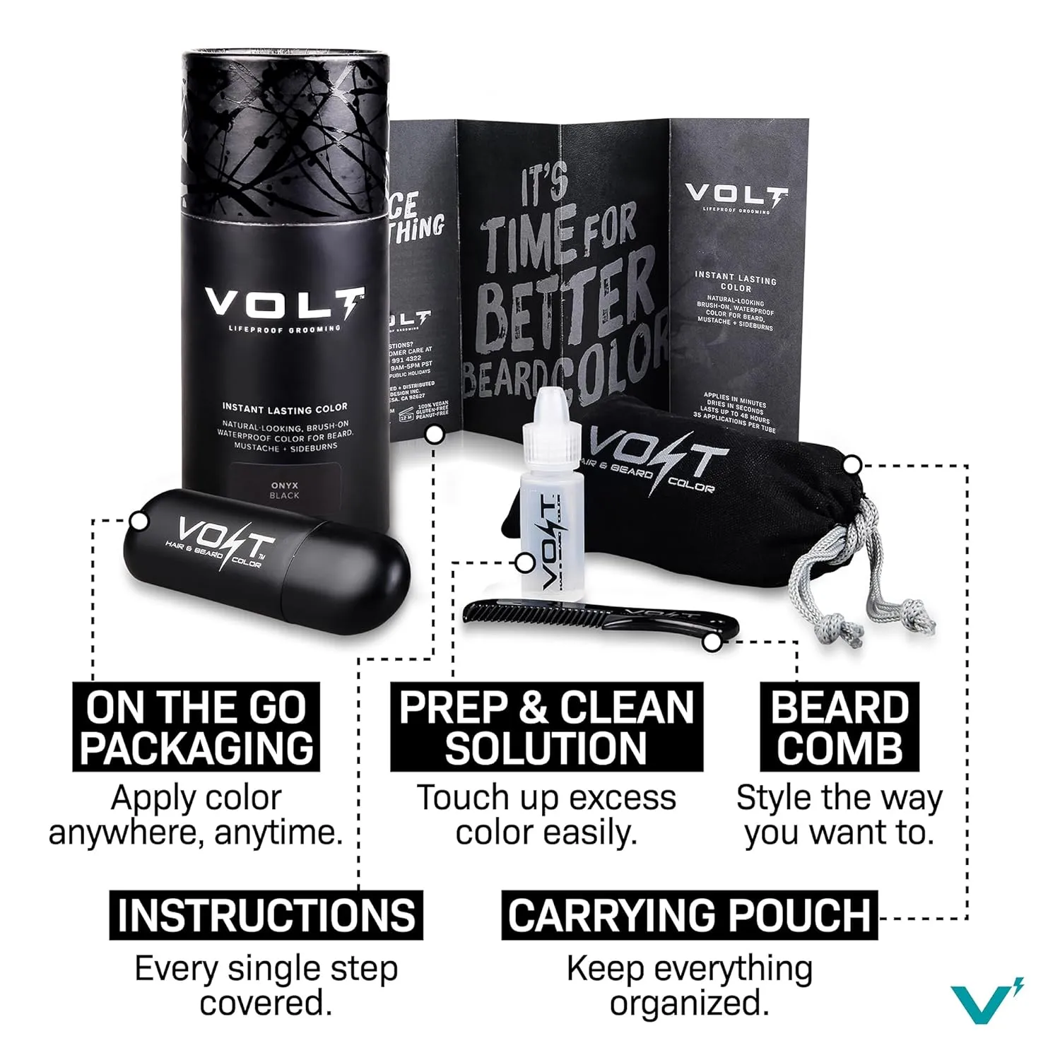 VOLT Grooming Instant Beard Color - Quick Drying Plant Based Hypoallergenic Brush on Color for Beards, Mustaches, and Eyebrows, Ebony (Brown/Black)