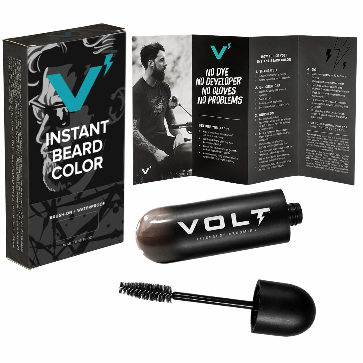 VOLT Grooming Instant Beard Color Single Pack - Quick Drying Plant Based Hypoallergenic Brush on Color for Beards, Mustaches, and Eyebrows - 0.35 Fl Oz (10 ml), Ash (Gray/Brown)