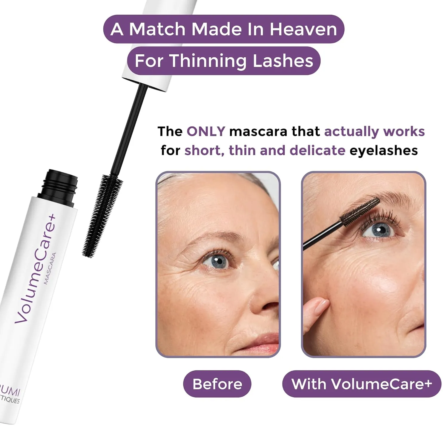 VolumeCare  Mascara For Older Women - Extreme Length and Volume 2-in-1 Formula - No Clumps, Long-Wearing, Hypoallergenic Mascara For Sensitive Eyes (Dark Brown)