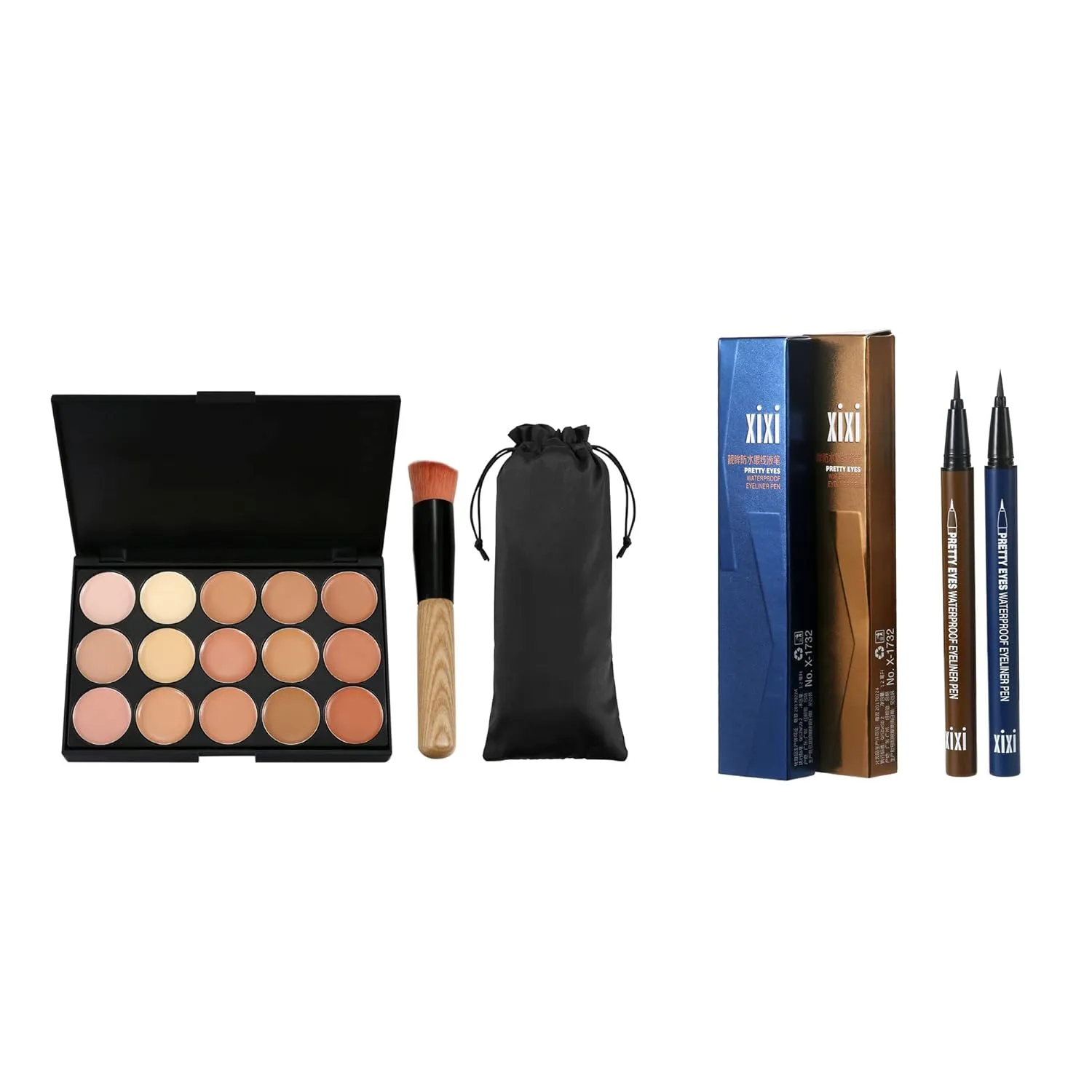 Vtrem 15 Colors Contour Palette Kit & 2 Pack Liquid Eyeliner Pencil, Navy Blue/Light Brown