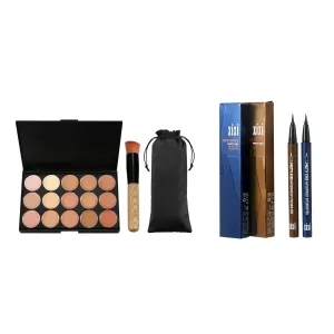 Vtrem 15 Colors Contour Palette Kit & 2 Pack Liquid Eyeliner Pencil, Navy Blue/Light Brown