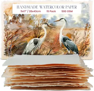 Wanderings Thick Handmade Watercolor Paper with Deckled Edge - 11x17-500GSM Premium Ivory Cold-Pressed Textured Mixed Media Paper Made with Recycled Cotton - 15 Loose Leaf Sheets