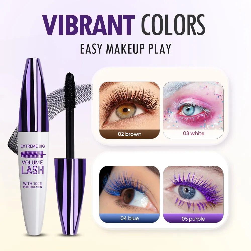 Waterproof 5D Extreme Volume Lash Mascara, Purple Mascara for Eyelashes, Length Waterproof,Natural Curling for Women Eye Makeup (Purple)