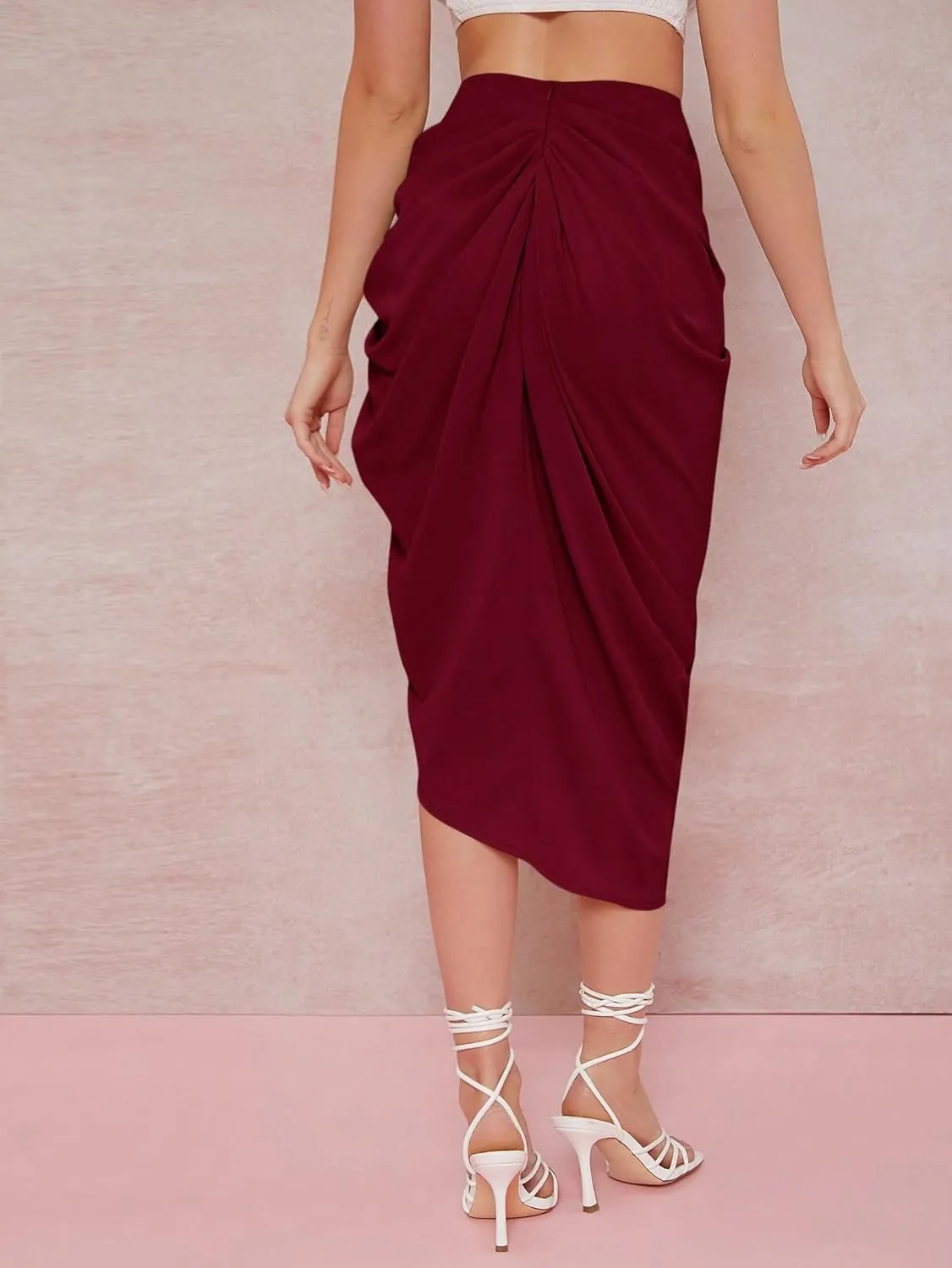 WDIRARA Women's Skirts Split Thigh Front Satin Skirt High Waist Ruched Zip Back WrapMidi Skirt