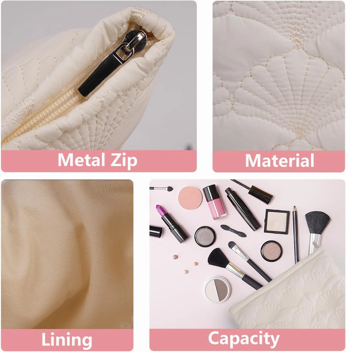 White Quilted Makeup Bag, Cute Make Up Bag Organizer whith Shell Pattern, Cotton Cosmetic Bag for Women & Girls, Canvas Lined Pouch, Coquette Organizer purse(White Shell set of 3)