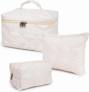 White Quilted Makeup Bag, Cute Make Up Bag Organizer whith Shell Pattern, Cotton Cosmetic Bag for Women & Girls, Canvas Lined Pouch, Coquette Organizer purse(White Shell set of 3)