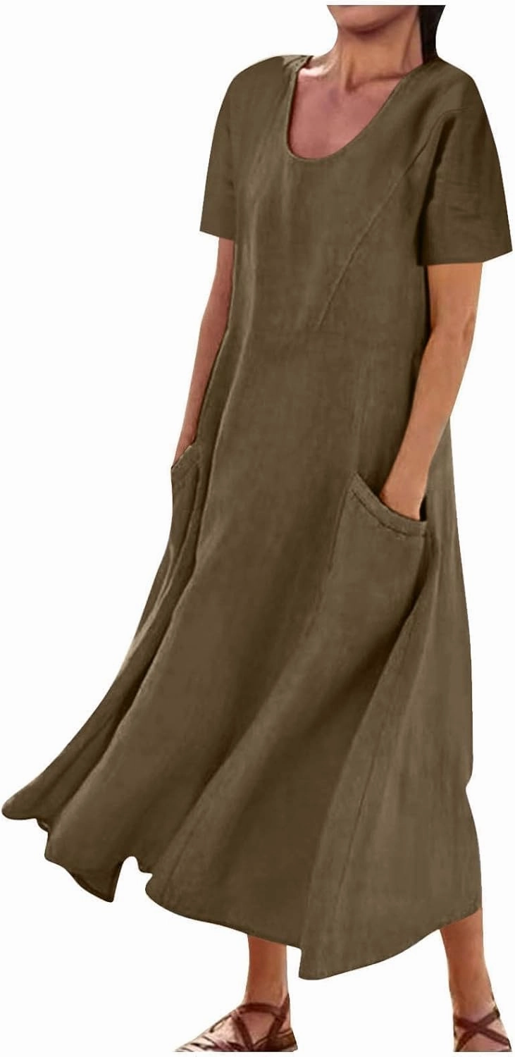 Women's Summer Dress Casual Short Sleeve Flowy with Pockets Comfortable Loose Outdoor Dressy Scoop Neck Clothes 2025