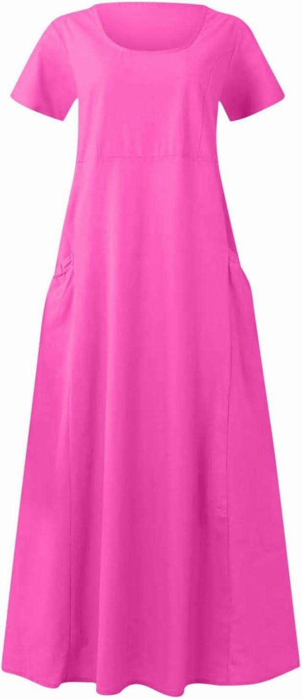 Women's Summer Dress Casual Short Sleeve Flowy with Pockets Comfortable Loose Outdoor Dressy Scoop Neck Clothes 2025