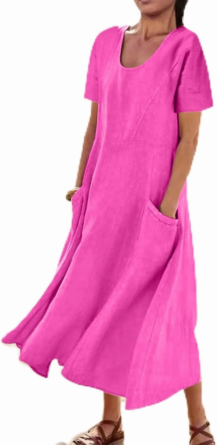 Women's Summer Dress Casual Short Sleeve Flowy with Pockets Comfortable Loose Outdoor Dressy Scoop Neck Clothes 2025