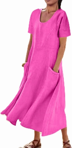 Women's Summer Dress Casual Short Sleeve Flowy with Pockets Comfortable Loose Outdoor Dressy Scoop Neck Clothes 2025