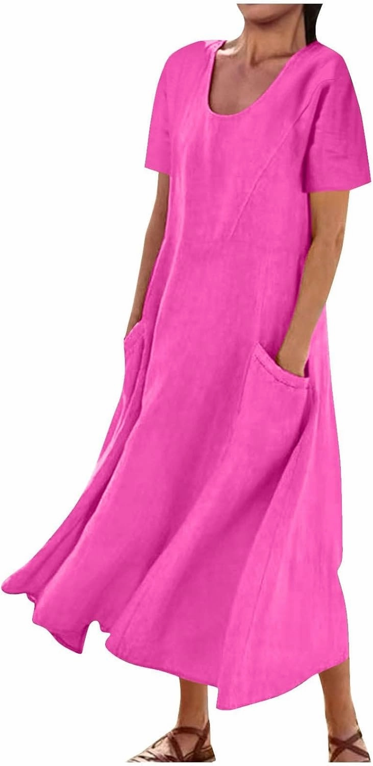 Women's Summer Dress Casual Short Sleeve Flowy with Pockets Comfortable Loose Outdoor Dressy Scoop Neck Clothes 2025