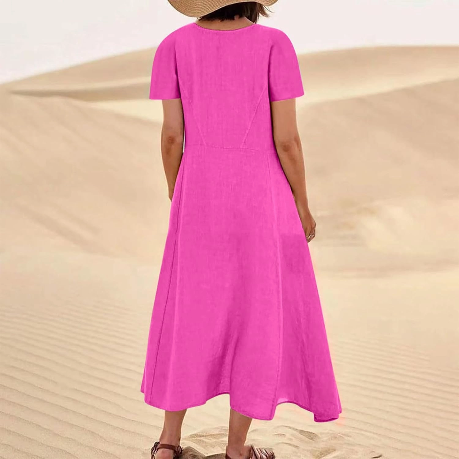 Women's Summer Dress Casual Short Sleeve Flowy with Pockets Comfortable Loose Outdoor Dressy Scoop Neck Clothes 2025