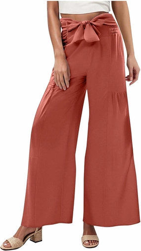 Women's Wide Leg Lounge Pants Business Casual High Waisted Flowy Palazzo Trouser Summer Trendy Bowknot Beach Pants