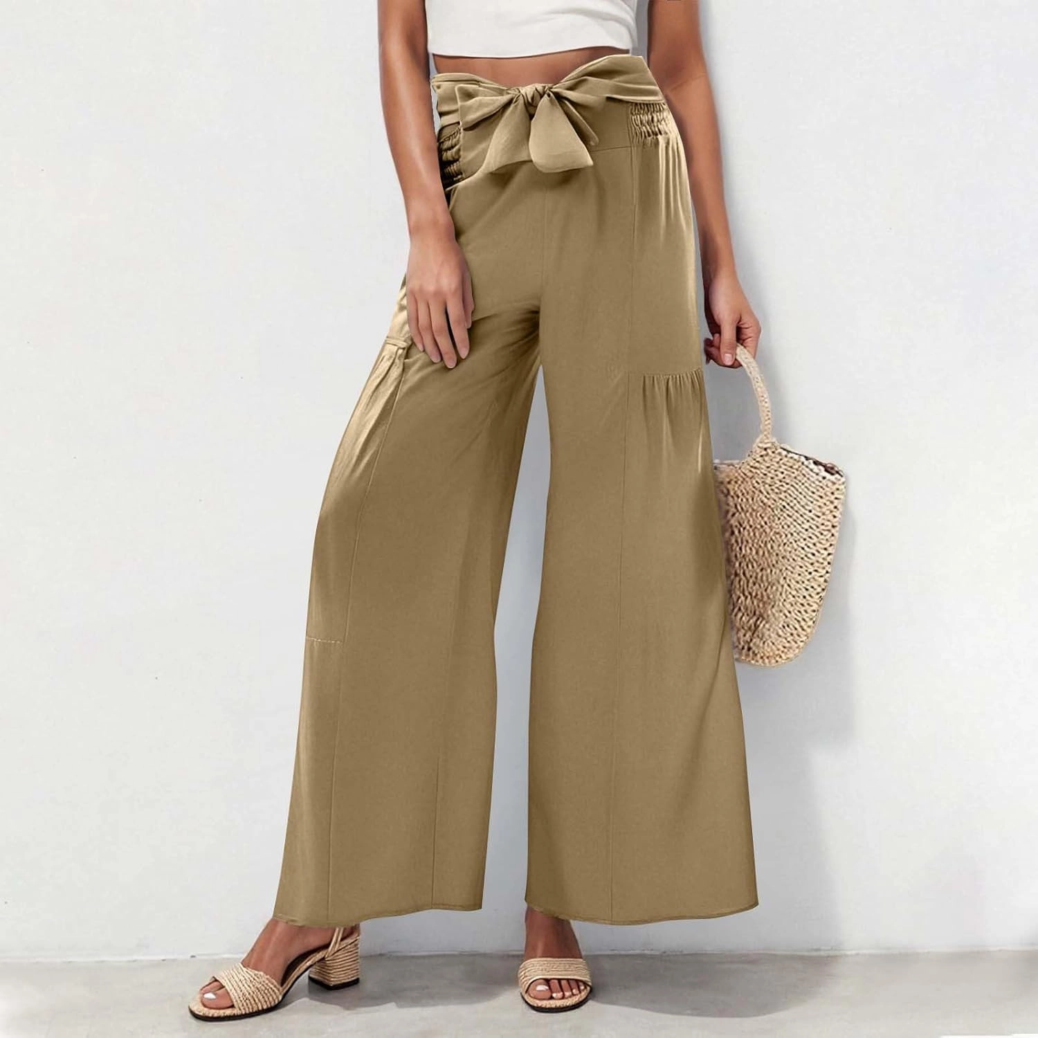 Women's Wide Leg Lounge Pants Business Casual High Waisted Flowy Palazzo Trouser Summer Trendy Bowknot Beach Pants