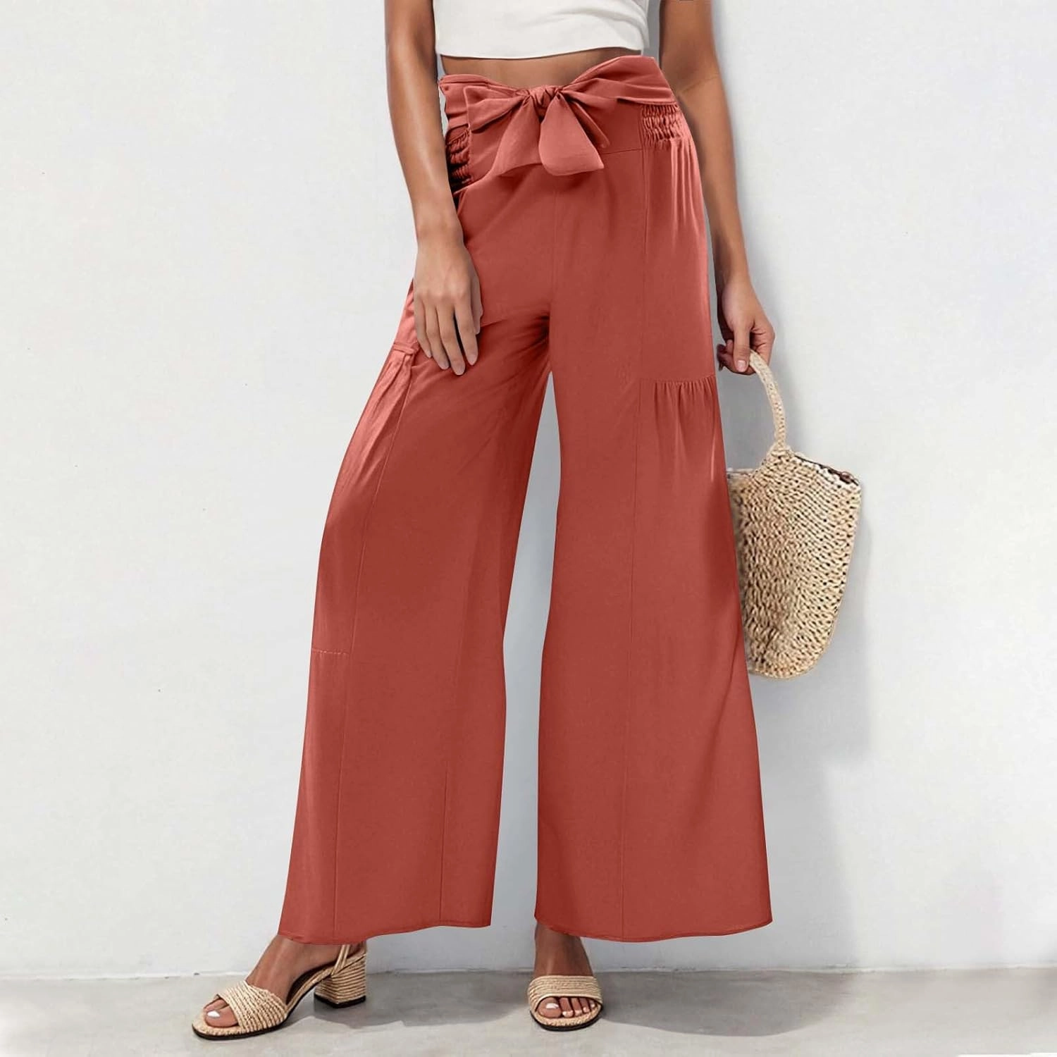 Women's Wide Leg Lounge Pants Business Casual High Waisted Flowy Palazzo Trouser Summer Trendy Bowknot Beach Pants