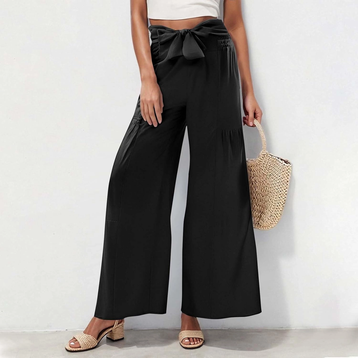 Women's Wide Leg Lounge Pants Business Casual High Waisted Flowy Palazzo Trouser Summer Trendy Bowknot Beach Pants