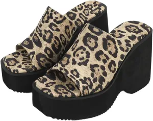 Women's Chunky Heel Leopard High Heel Sandals Square Open Toe Wedge Slip-On Pumps Fashion Beach Evening Party Shoes