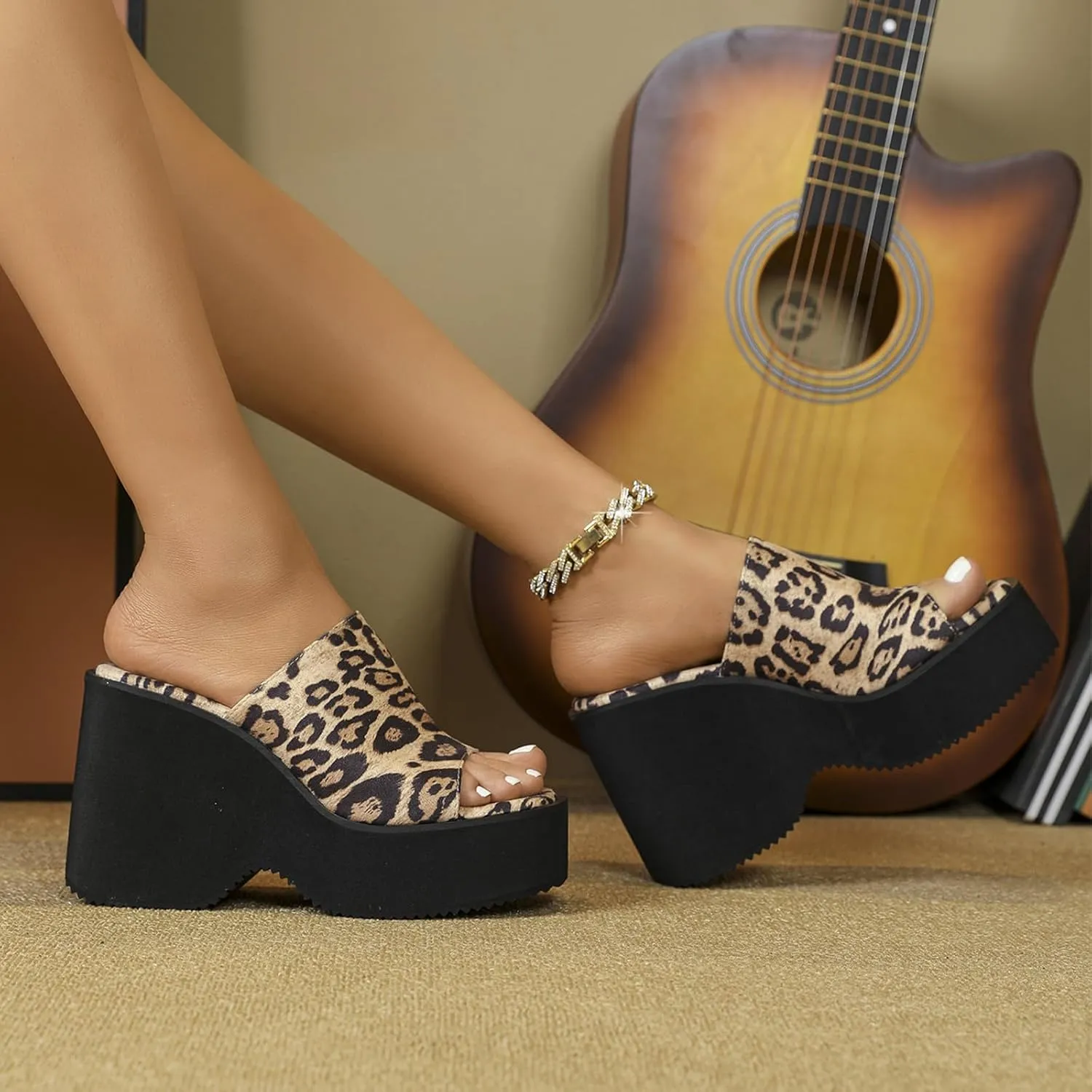 Women's Chunky Heel Leopard High Heel Sandals Square Open Toe Wedge Slip-On Pumps Fashion Beach Evening Party Shoes