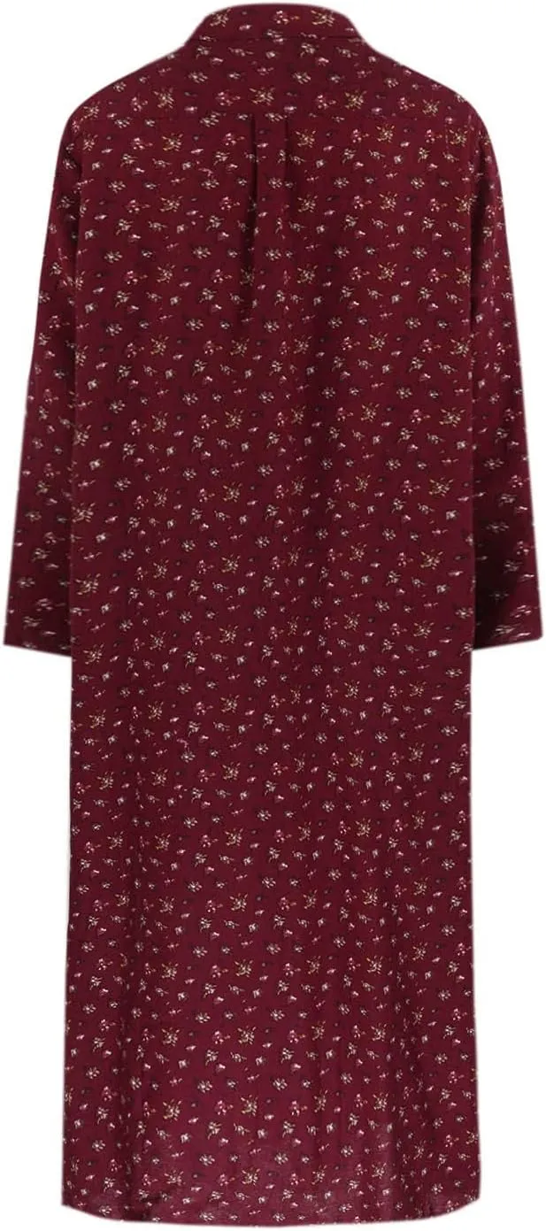 Women's Cotton Linen Dress Plus Size Summer Button Long Shirt Dress Casual Loose Fashion Floral Long Dress with Pockets