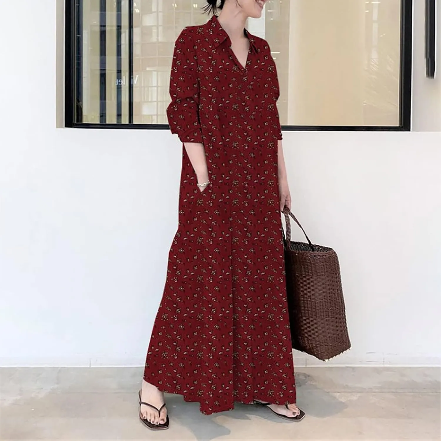 Women's Cotton Linen Dress Plus Size Summer Button Long Shirt Dress Casual Loose Fashion Floral Long Dress with Pockets