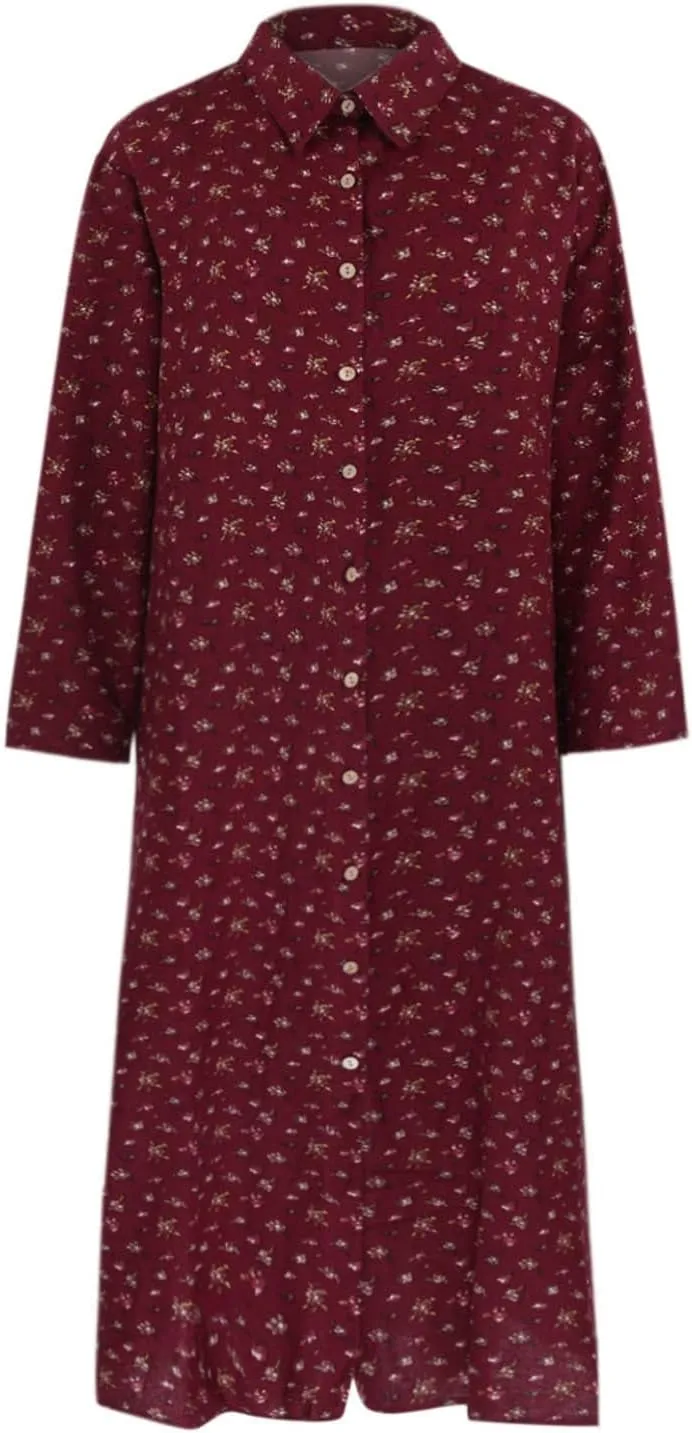 Women's Cotton Linen Dress Plus Size Summer Button Long Shirt Dress Casual Loose Fashion Floral Long Dress with Pockets