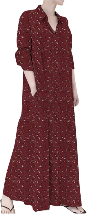 Women's Cotton Linen Dress Plus Size Summer Button Long Shirt Dress Casual Loose Fashion Floral Long Dress with Pockets