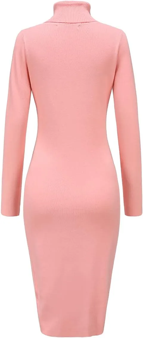 Womens Knee Length Knitted Ribbed Winter Turtleneck Bodycon Sweater Dresses 7628