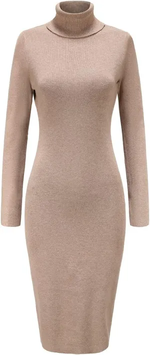Womens Knee Length Knitted Ribbed Winter Turtleneck Bodycon Sweater Dresses 7628