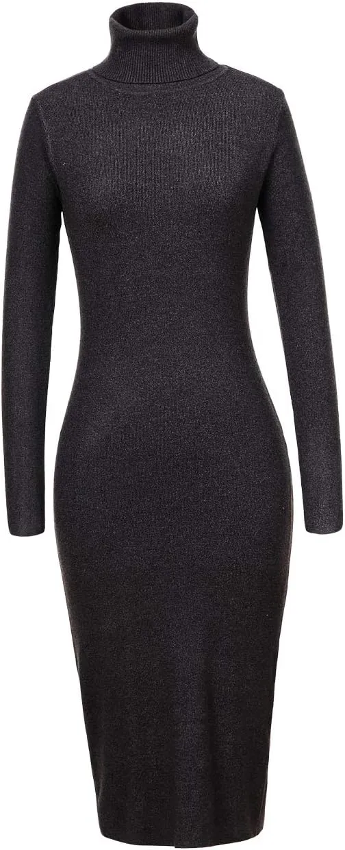 Womens Knee Length Knitted Ribbed Winter Turtleneck Bodycon Sweater Dresses 7628