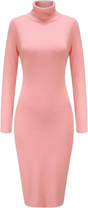 Womens Knee Length Knitted Ribbed Winter Turtleneck Bodycon Sweater Dresses 7628