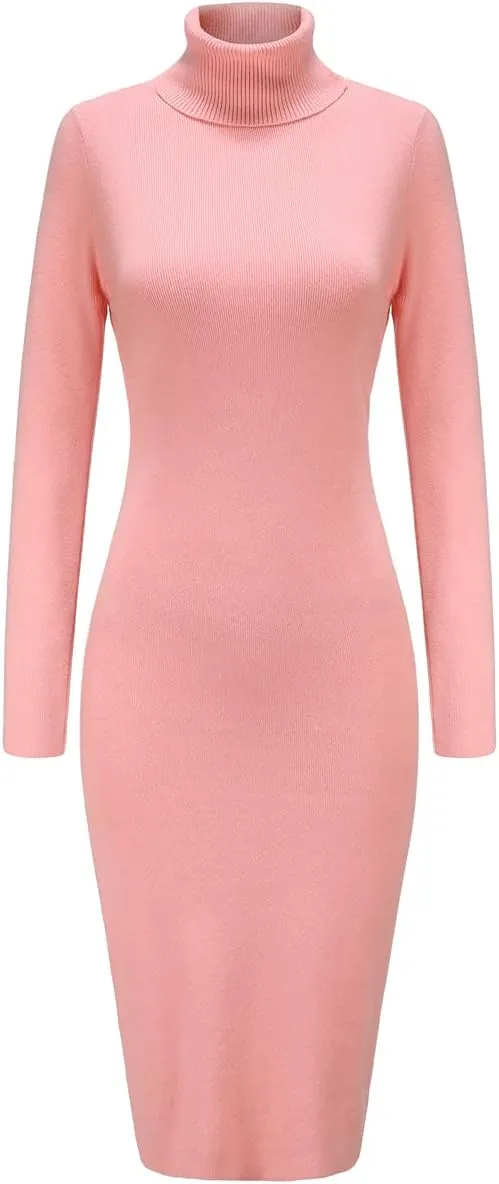 Womens Knee Length Knitted Ribbed Winter Turtleneck Bodycon Sweater Dresses 7628