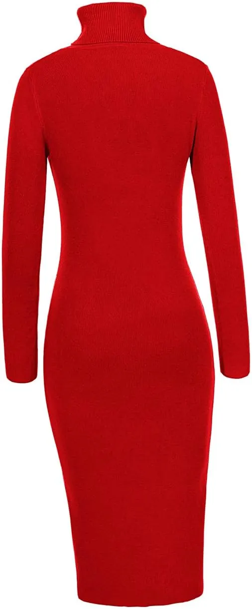 Womens Knee Length Knitted Ribbed Winter Turtleneck Bodycon Sweater Dresses 7628