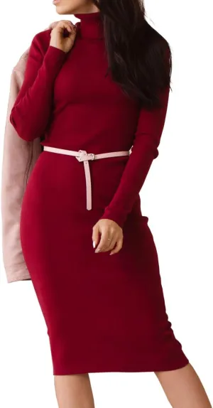 Womens Knee Length Knitted Ribbed Winter Turtleneck Bodycon Sweater Dresses 7628
