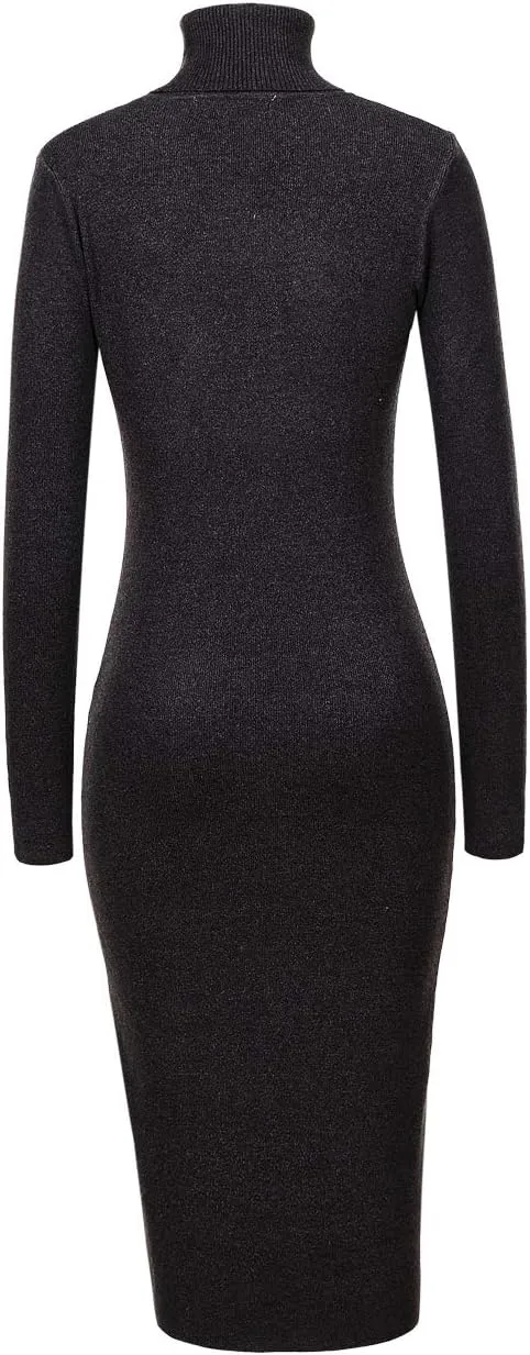 Womens Knee Length Knitted Ribbed Winter Turtleneck Bodycon Sweater Dresses 7628