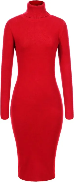 Womens Knee Length Knitted Ribbed Winter Turtleneck Bodycon Sweater Dresses 7628
