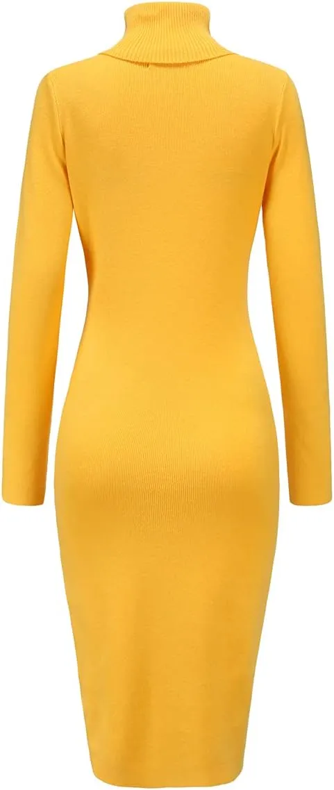 Womens Knee Length Knitted Ribbed Winter Turtleneck Bodycon Sweater Dresses 7628