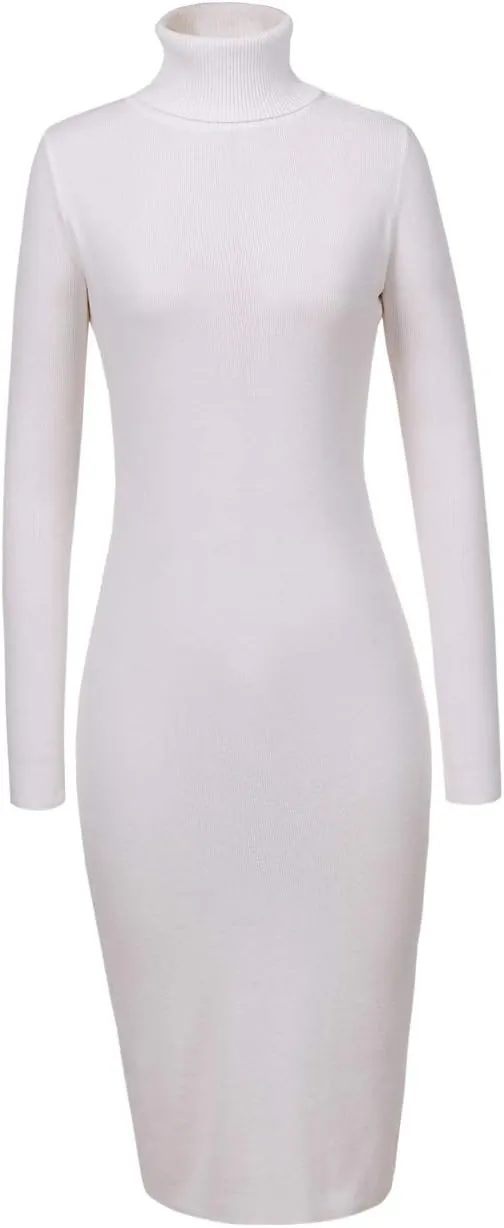Womens Knee Length Knitted Ribbed Winter Turtleneck Bodycon Sweater Dresses 7628