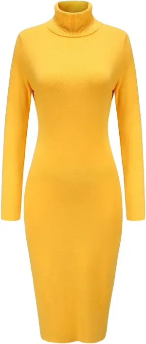 Womens Knee Length Knitted Ribbed Winter Turtleneck Bodycon Sweater Dresses 7628