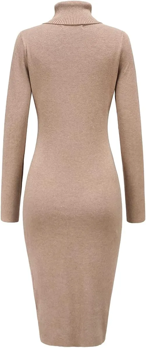 Womens Knee Length Knitted Ribbed Winter Turtleneck Bodycon Sweater Dresses 7628