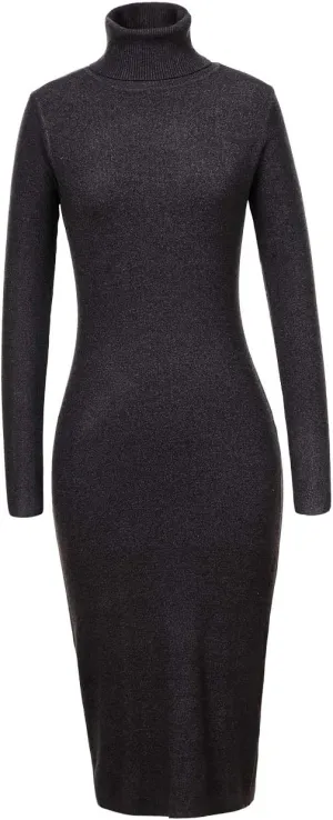 Womens Knee Length Knitted Ribbed Winter Turtleneck Bodycon Sweater Dresses 7628