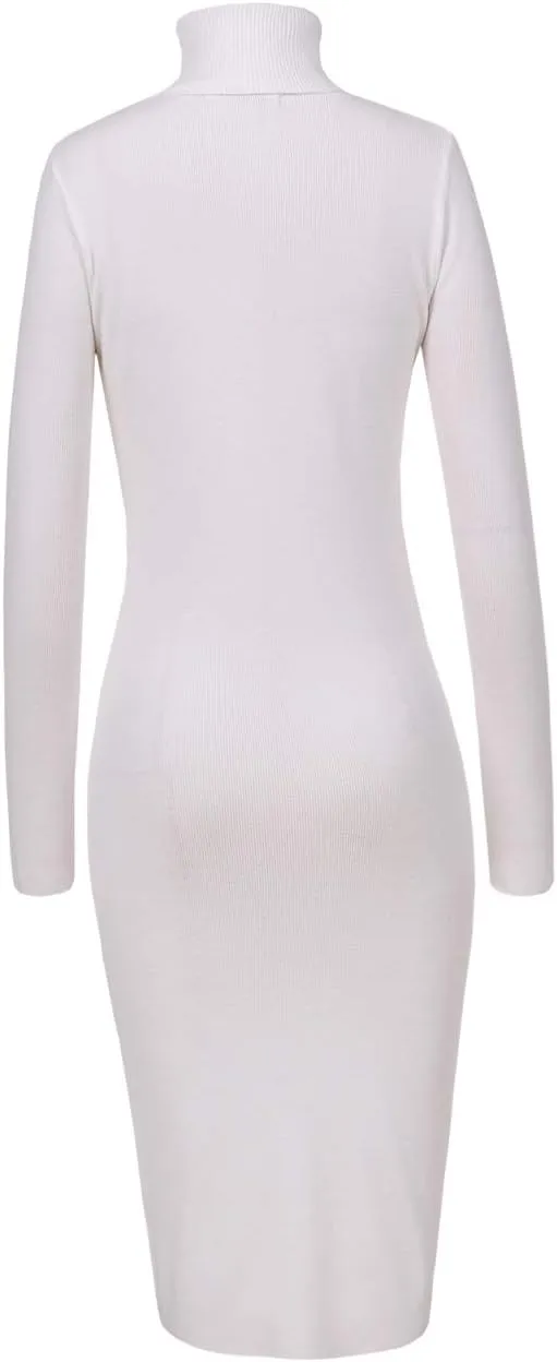 Womens Knee Length Knitted Ribbed Winter Turtleneck Bodycon Sweater Dresses 7628
