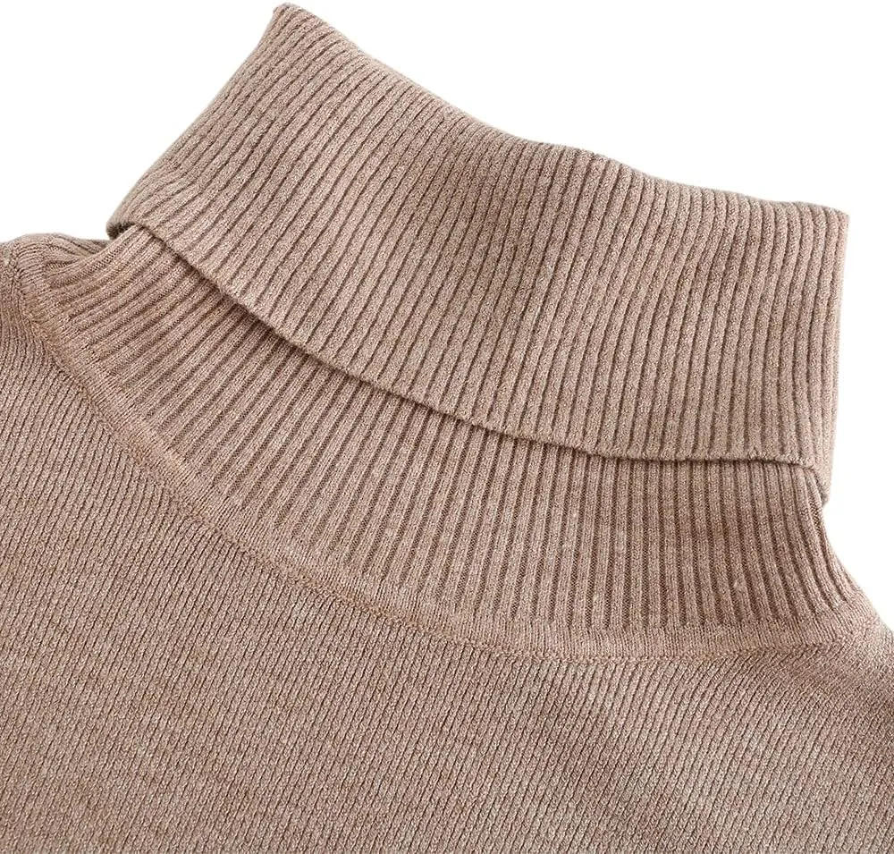 Womens Knee Length Knitted Ribbed Winter Turtleneck Bodycon Sweater Dresses 7628