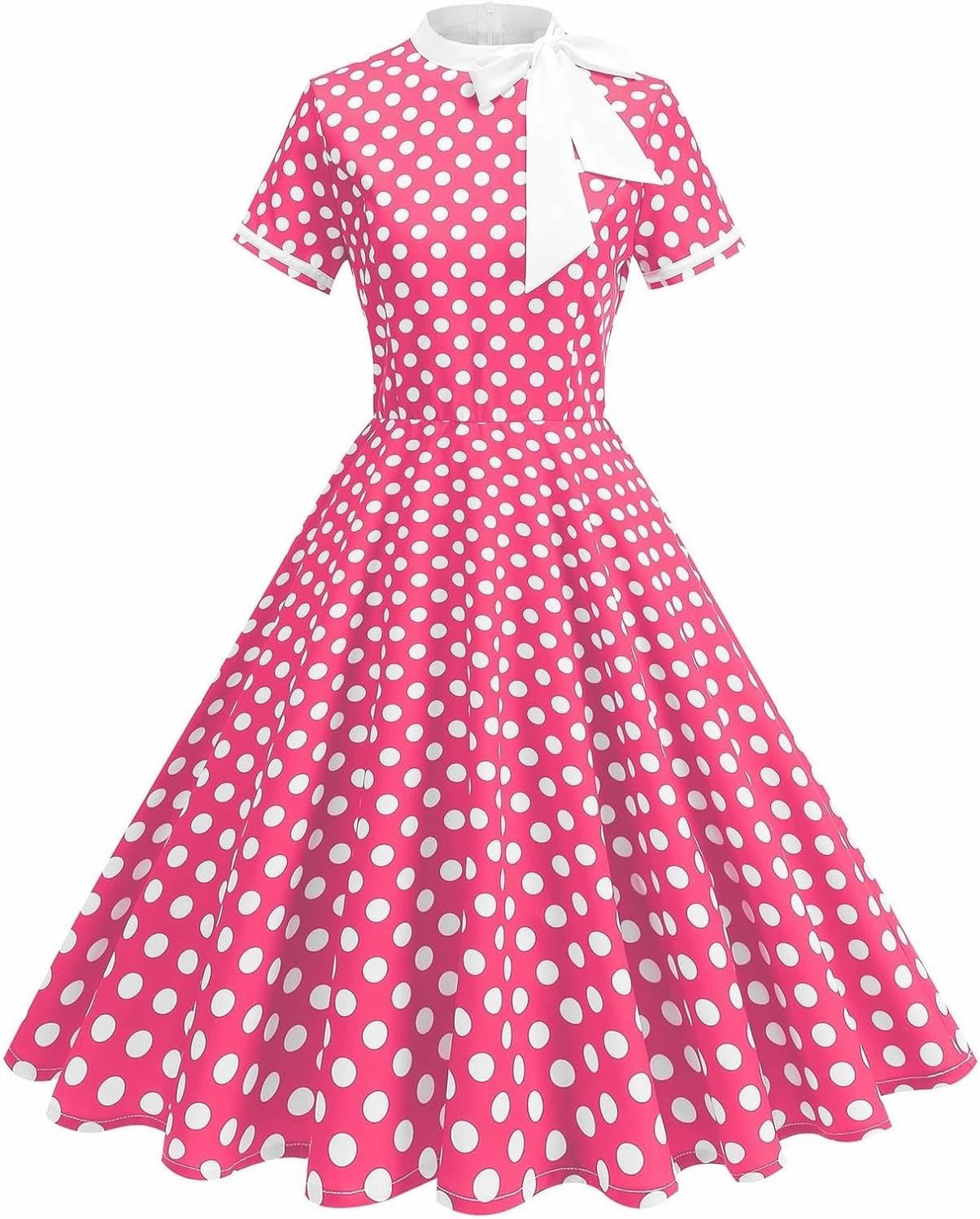 Womens Casual Prom Swing Dress Short Sleeve Tie Neck Vintage Cocktail Party Dress Polka Dot 50s Flared A-Line Gowns