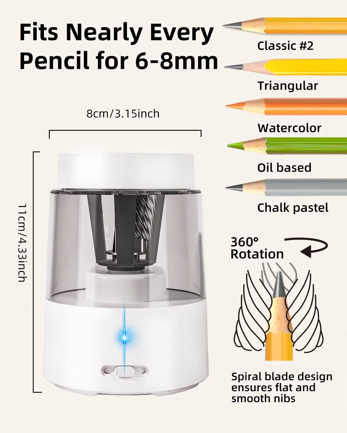 ZMOL Electric Pencil Sharpener, Automatic Pencil Sharpeners Kids, Battery Rechargeable Pencil Sharpeners for Colored Pencils, Auto Stop, Suitable for No.2(6-8mm), School/Home
